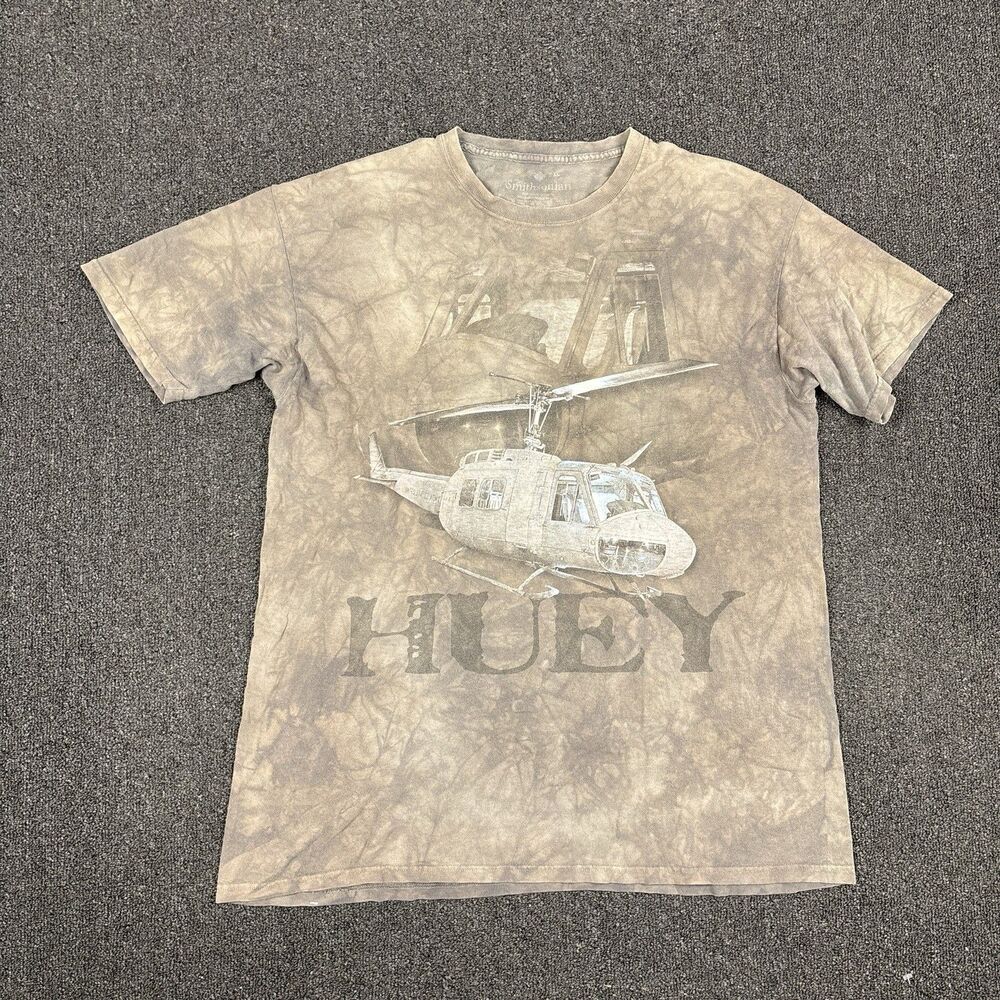 Smithsonian T Shirt Y2K Mens Brown HUEY Helicopter Tie Dye Army Size XL